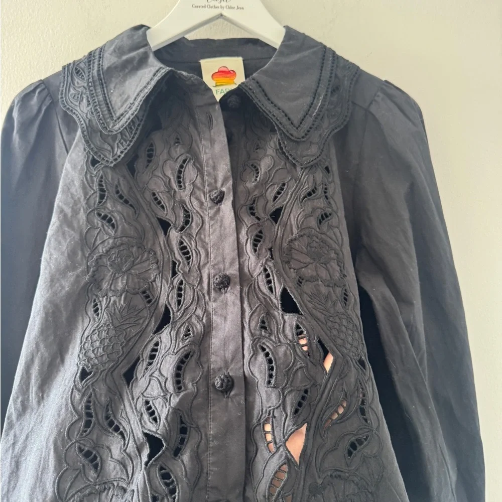 FARM RIO Embroidered Eyelet Puff Sleeve Button Up Black Shirt M